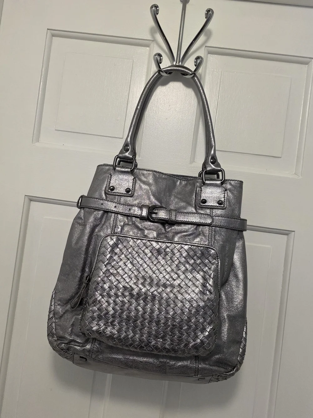 Elliott Lucca Silver Metallic Woven Front Leather Shoulder Bag, Stylish, Unique